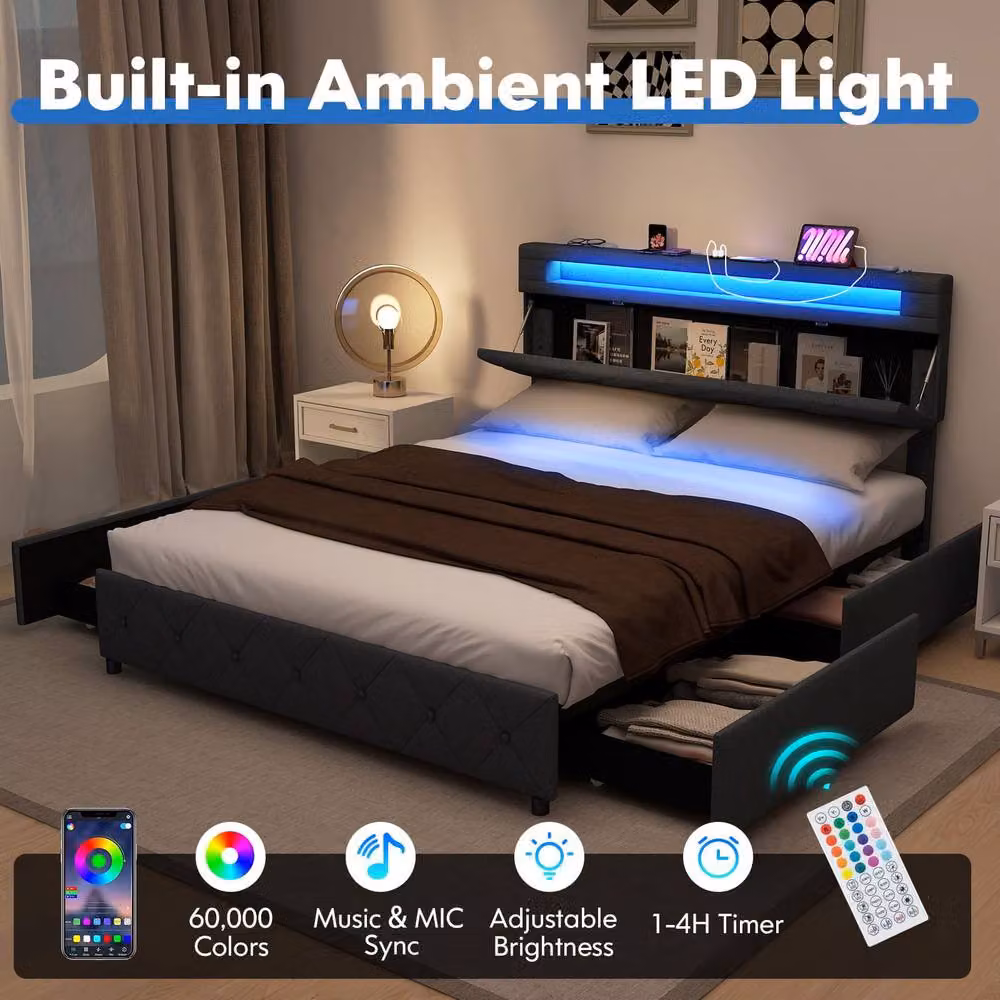 Gymax King Size Upholstered Bed Frame in Grey with LED Under-Bed Lighting, USB Charging Port and Storage Drawers, W/D/H: 180 x 200 cm – 3