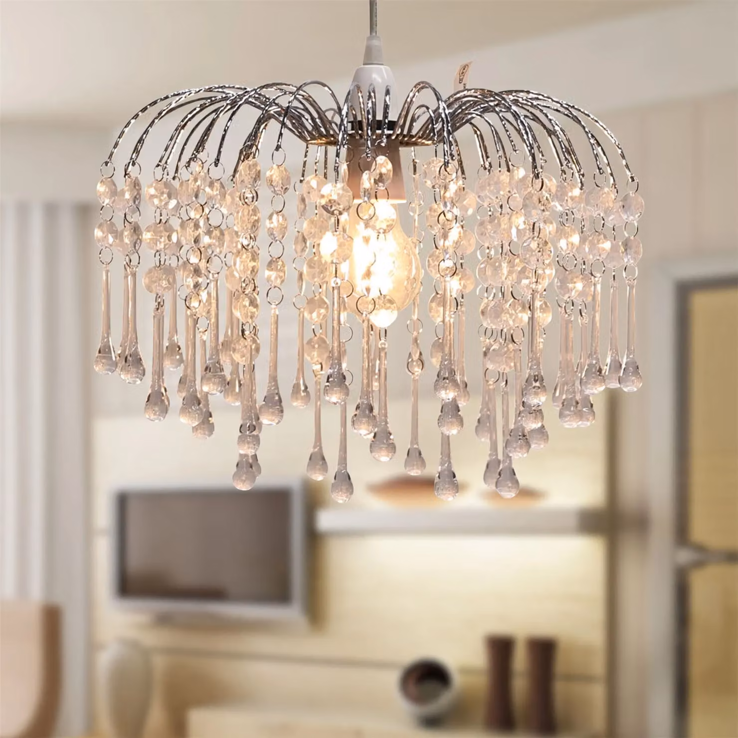 First Choice Lighting Skye Cascading Jewelled Pendant Shade in Transparent and Chrome, Diameter: 33 cm, Height: 26 cm – 2