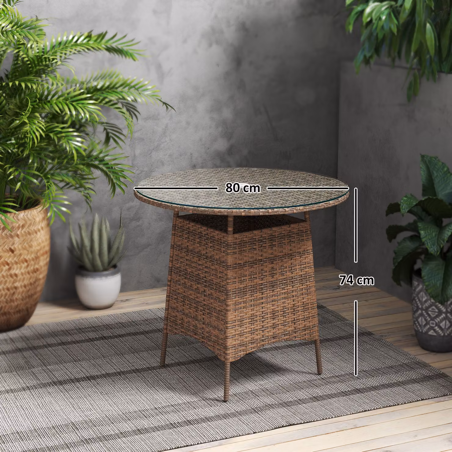 Outsunny Brown Wicker Rattan Round Garden Coffee Table with Tempered Glass Top and Umbrella Hole – 3