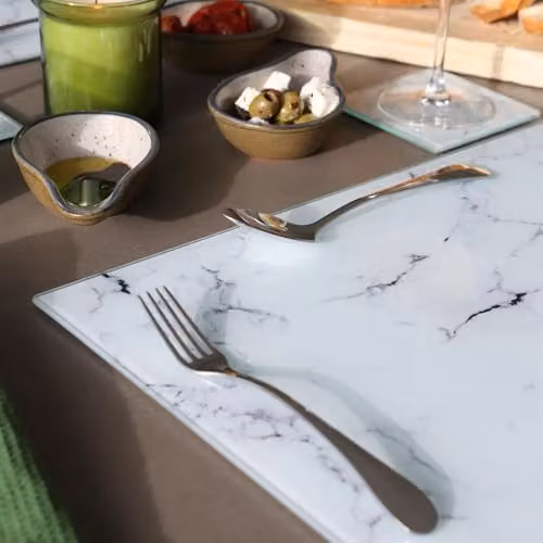 Harbour Housewares 12pc Glass Placemats and Coasters Set in White Marble Effect, W/D: 40 x 30 cm – 5