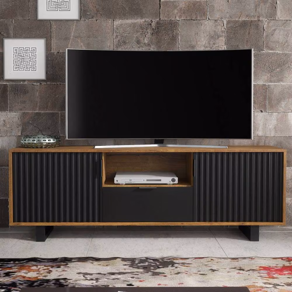 Mex Furniture Blackridge TV Unit in Dark Oak and Black with Fluted Doors and Drawer, W: 160 cm, H: 55 cm, D: 35 cm – 2