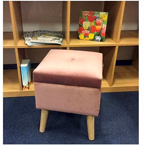M S L Pink Velvet Storage Stool with Wood Frame, W/D/H: 33 x 33 x 42 cm – 2
