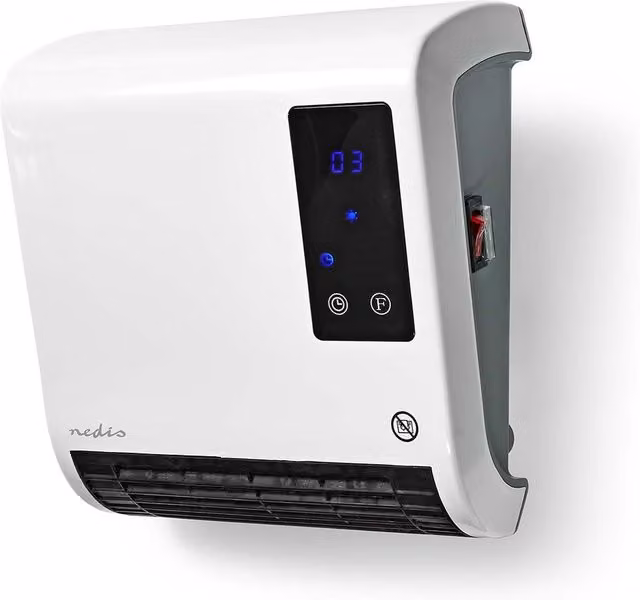 Nedis White Wall Mounted Fan Heater with Thermostat and Timer