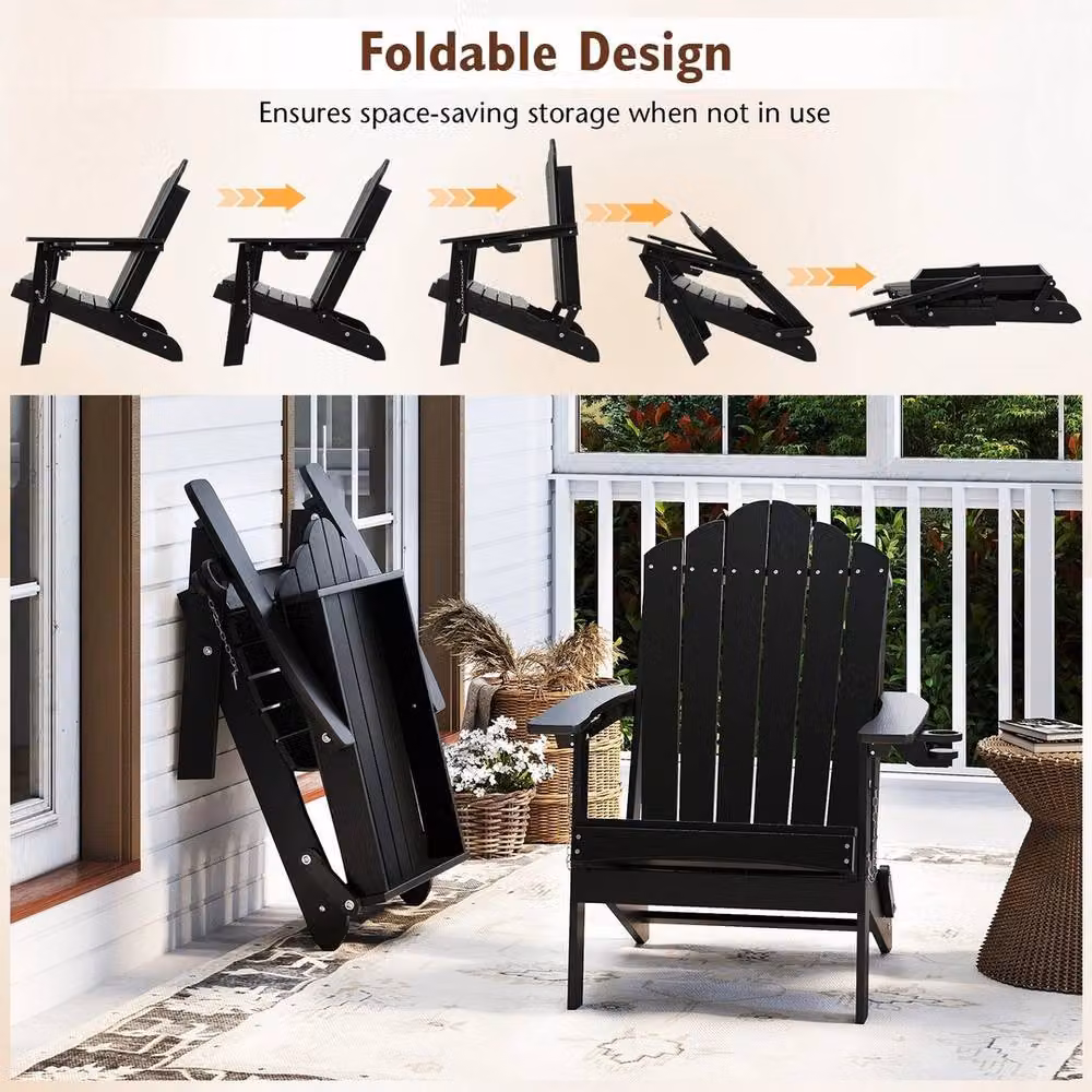 VOGREX Black Weatherproof HDPE Garden Lawn Chair with Armrests and Built-in Cup Holder – 3
