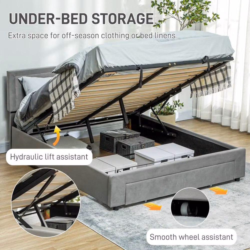 Wyld Haus Dineno Grey King Ottoman Bed Frame with Lift Up Base and Front Divan, W/D/H: 150 x 200 x 104 cm – 4