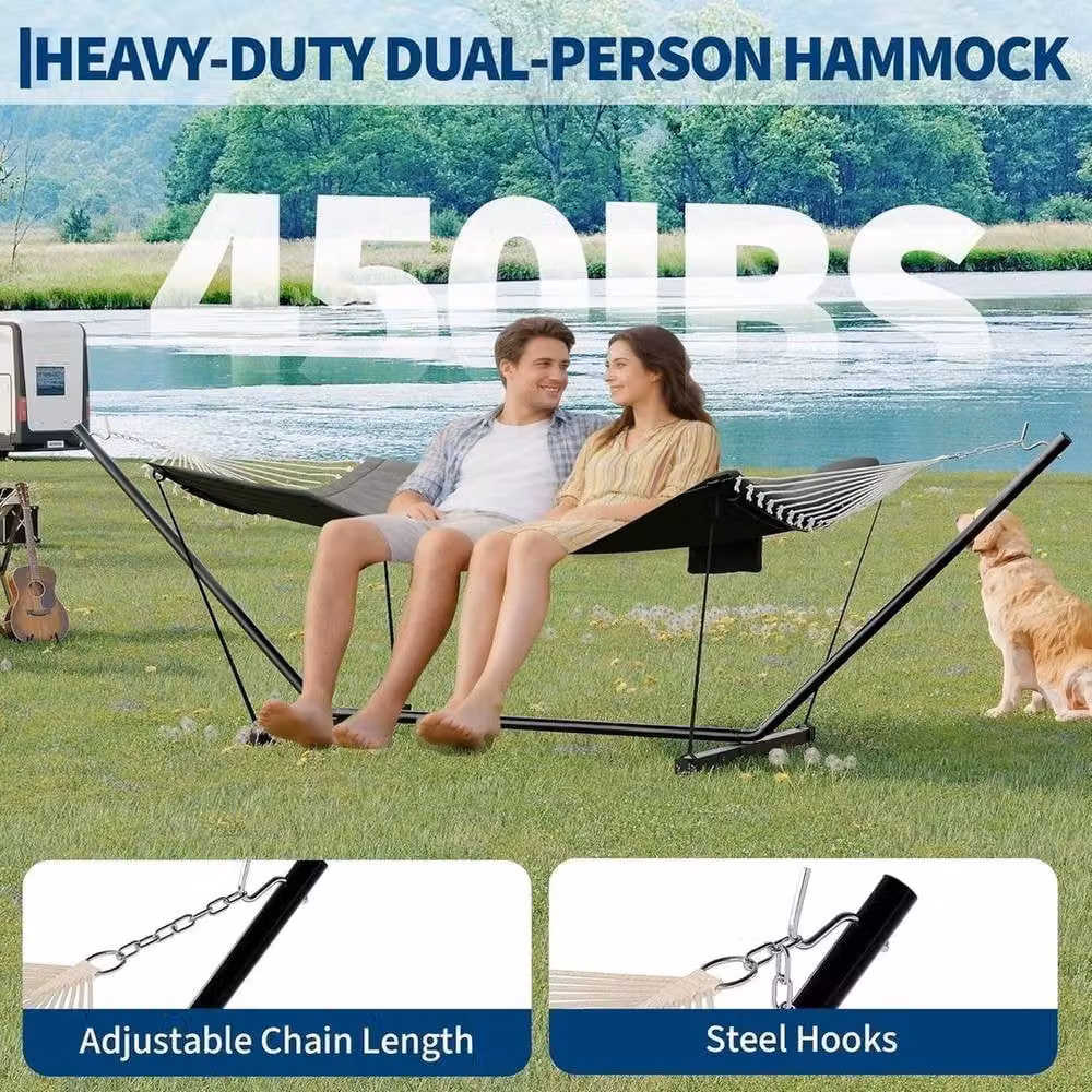 VOGREX Double Hammock with Stand and Cushions in Grey – 3