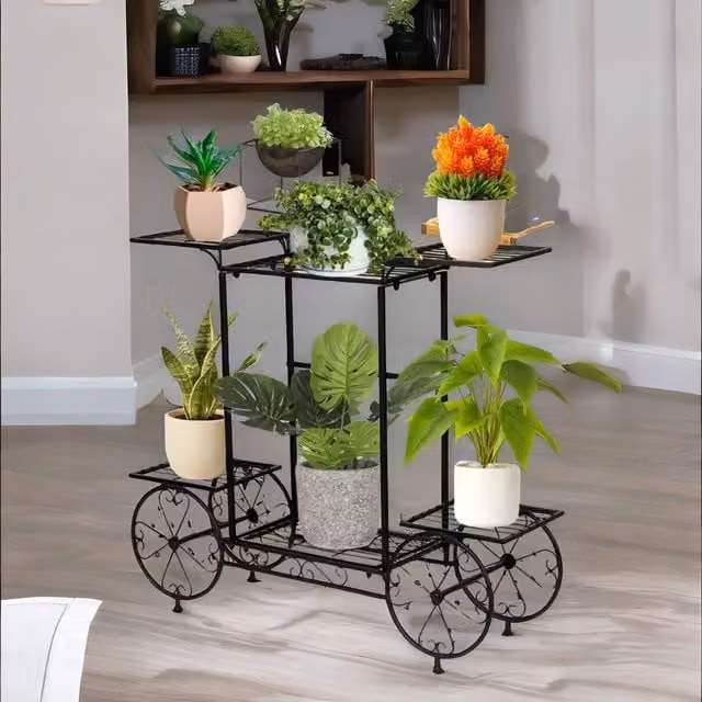 Pirlo Plush 6-Tier Metal Plant Stand Organiser in Matt Black for Indoor and Outdoor Use – 1