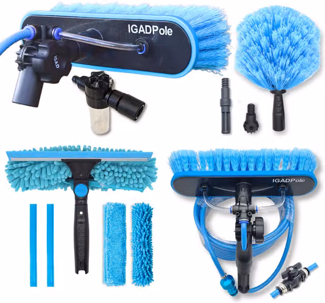 IGADPole Window Cleaning Attachment Set with Blue Microfibre Water-Fed Brush, Squeegee and Cobweb Duster – 1