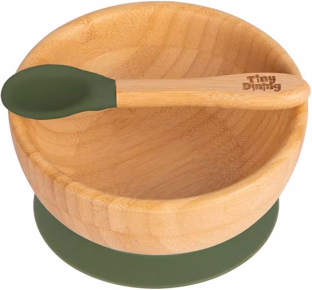 Tiny Dining Bamboo Baby Suction Bowl and Spoon Set in Light Green – 1