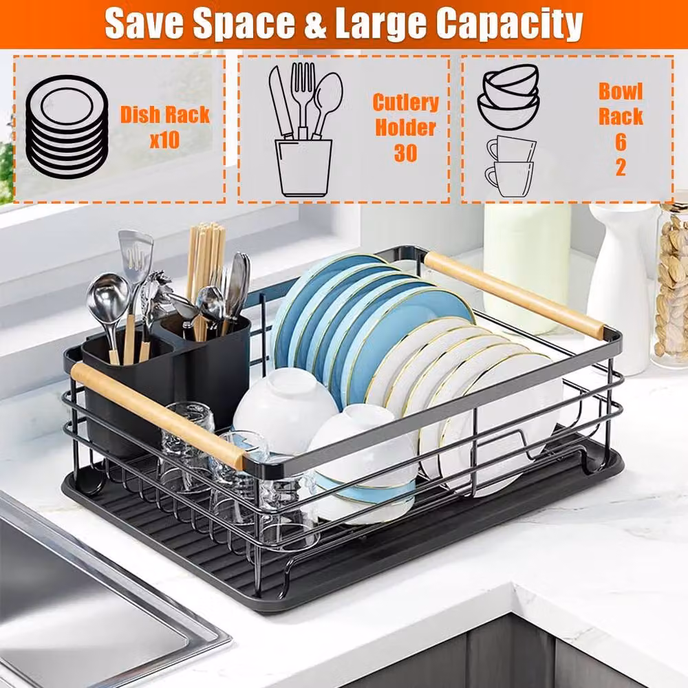 ATEK 1 Tier Black Steel Kitchen Dish Drainer Rack with Wooden Handle, Cutlery Holder and Drip Tray – 6