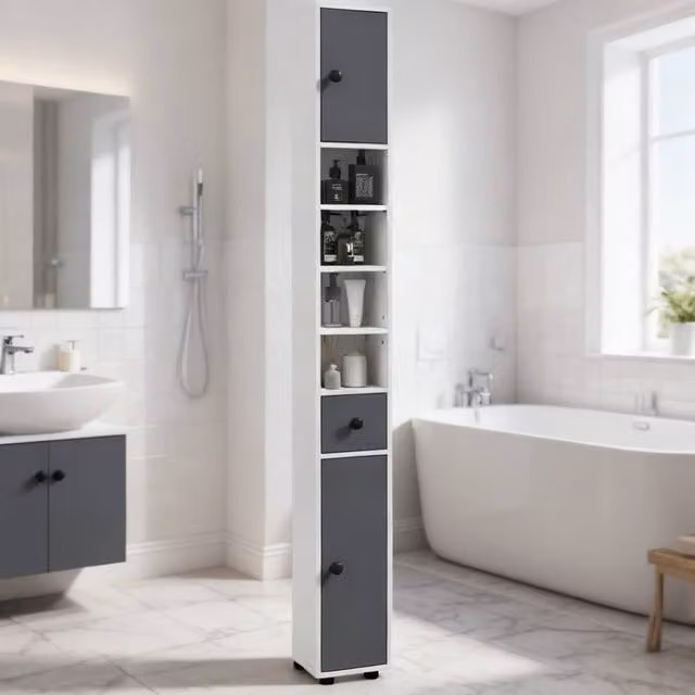 ERGOVEXA Slim Wall Mounted Bathroom Cabinet in Grey with Drawers, Shelves and Cupboards