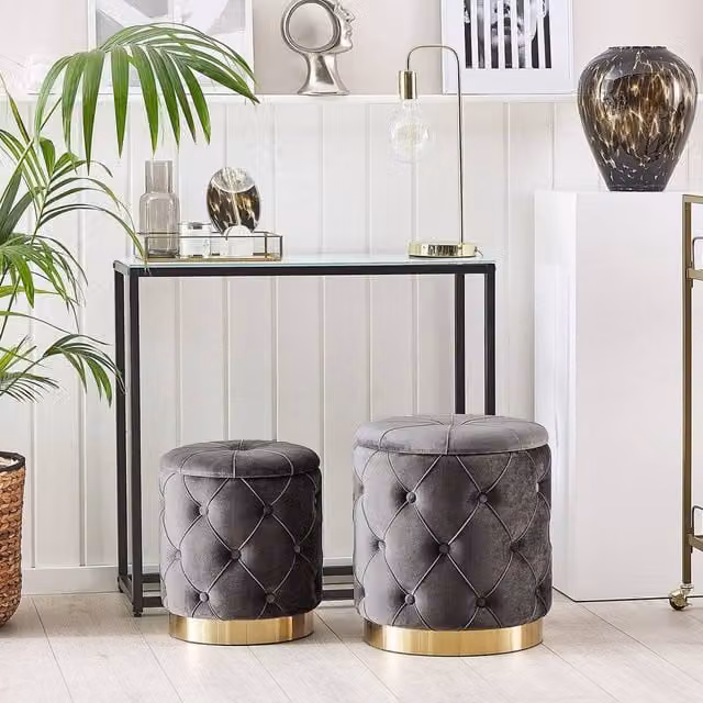 Wyld and Coco Grey Velvet Cylindrical Storage Pouffes with Gold Metal Base – 1