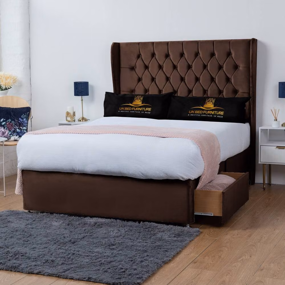 UK Bed Furniture Mary Winged Divan Bed Base with 54 Inch Buttoned Headboard in Brown Velvet, King Size W/D/H: 180 x 200 cm – 2