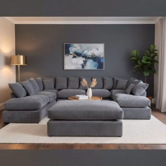 Snug Furniture Birmingham Ltd Large U-Shaped Double Sofa with Extra-Wide Matching Ottoman in Grey