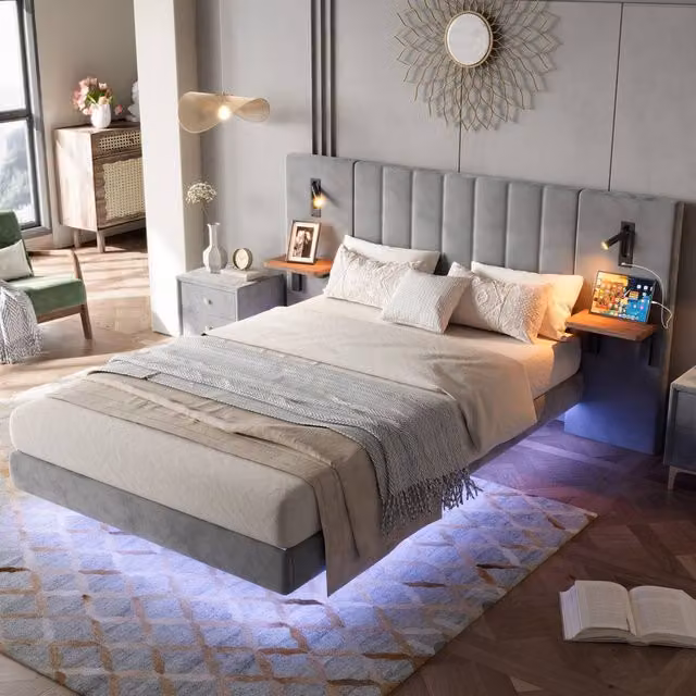 BTM Grey Velvet Double Bed Frame with USB Charging Port, Side Compartments and Under-Bed Lighting, W/D/H: 140 x 200 cm – 1