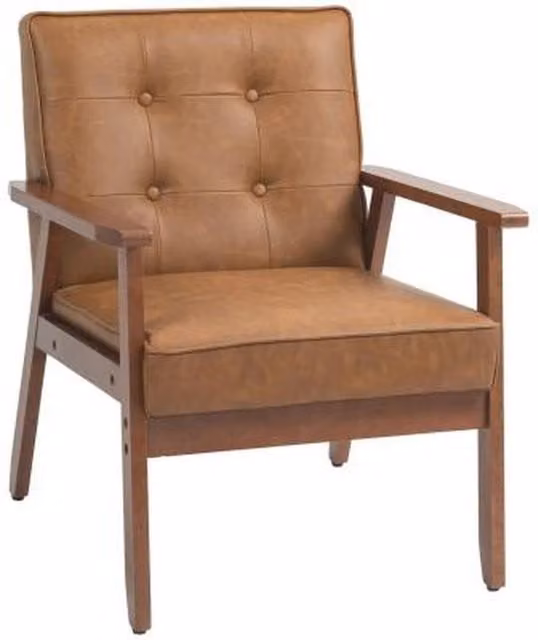 Chilli Seating Retro Style Brown Synthetic Leather Lounge Chair with Armrests and Rubberwood Legs