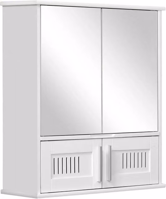 PAWNORA Modern White Wall Mounted Bathroom Mirror Cabinet with Hinged Doors and Internal Shelves