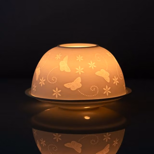 KDMK White Ceramic Floral Butterfly Dome Tealight Holder