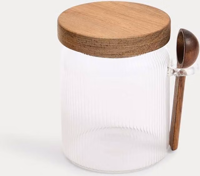 M&S Transparent Striped Ribbed Glass Sugar Pot with Wood Lid