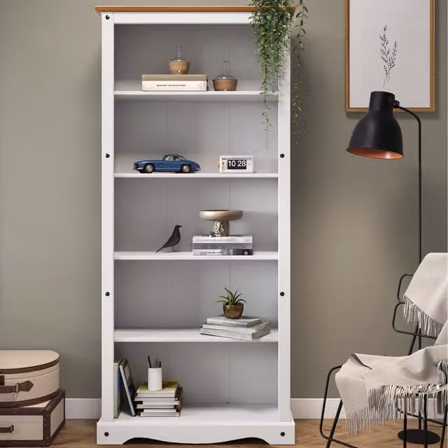 Mercers Furniture Corona Large Solid Pine Wood Bookcase in Distressed White Wax, H 180 x W 82 x D 29 cm
