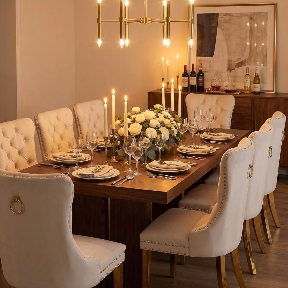 HomeTouch Set of 4 Lux Velvet Dining Chairs with Gold Metal Legs in Beige – 3