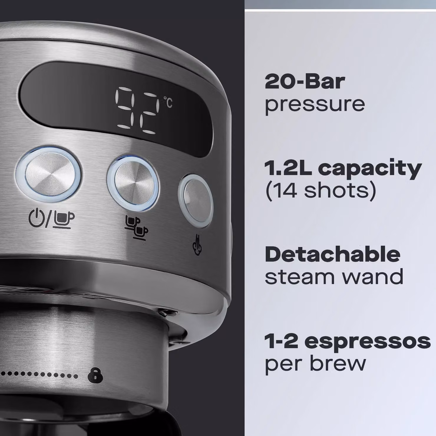 Daewoo 20 Bar Espresso Machine with Digital Display and Milk Frother in Silver – 2