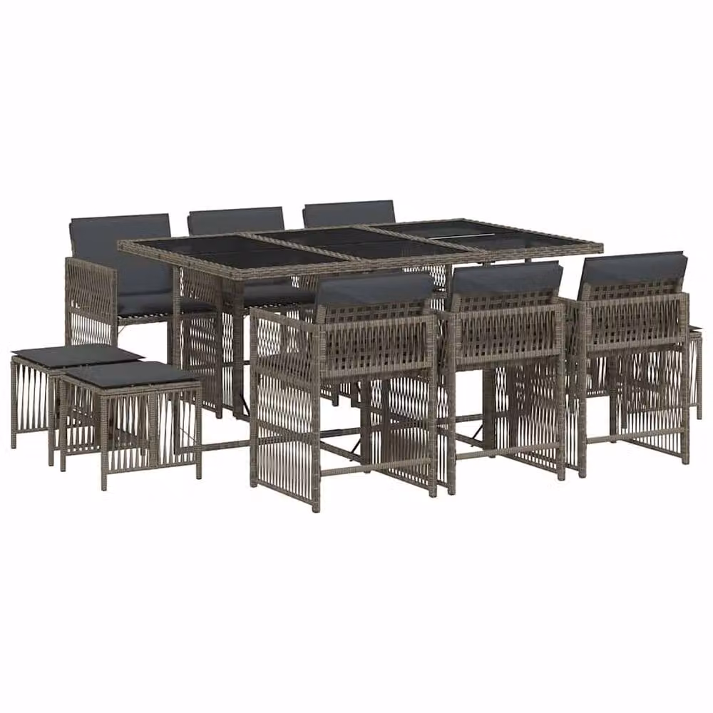 Berkfield Home 11 Piece Grey Poly Rattan Garden Dining Set with Cushions and Glass Top – 2