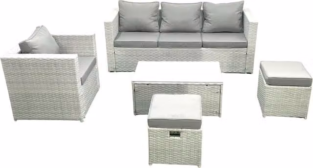 Fimous 6 Seater Rattan Garden Furniture Set in Light Grey with 3 Seater Sofa, Armchair, Coffee Table and Ottomans