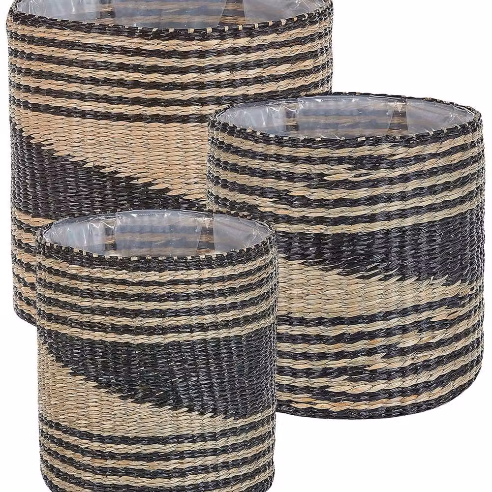 Wyld and Coco Boho Seagrass Plant Basket Set of 3, Handwoven Round Tabletop Planters in Beige and Sand – 2