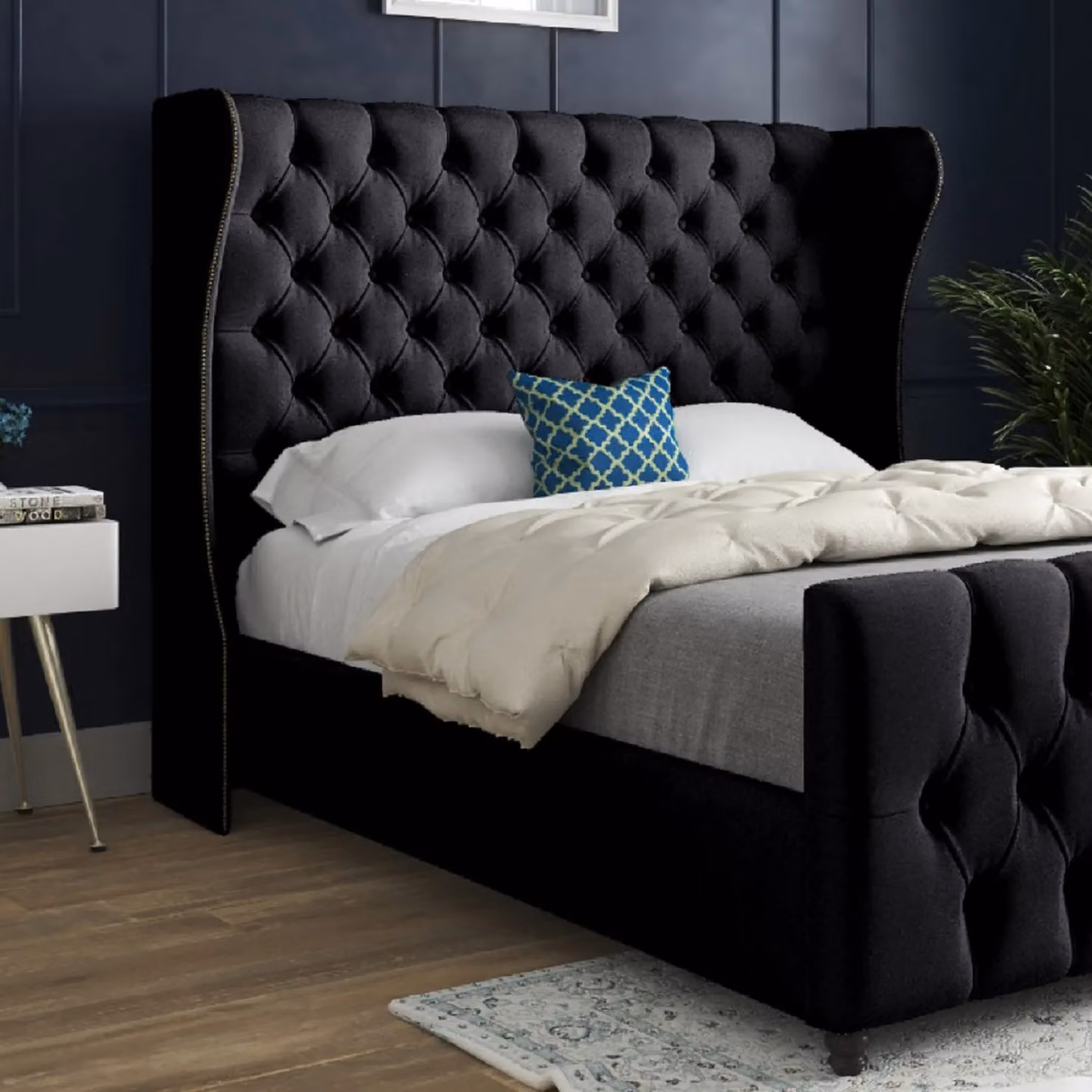 KDMD Donati Upholstered Soft Velvet Bed Frame in Black, Size: 140 x 200 cm – 2