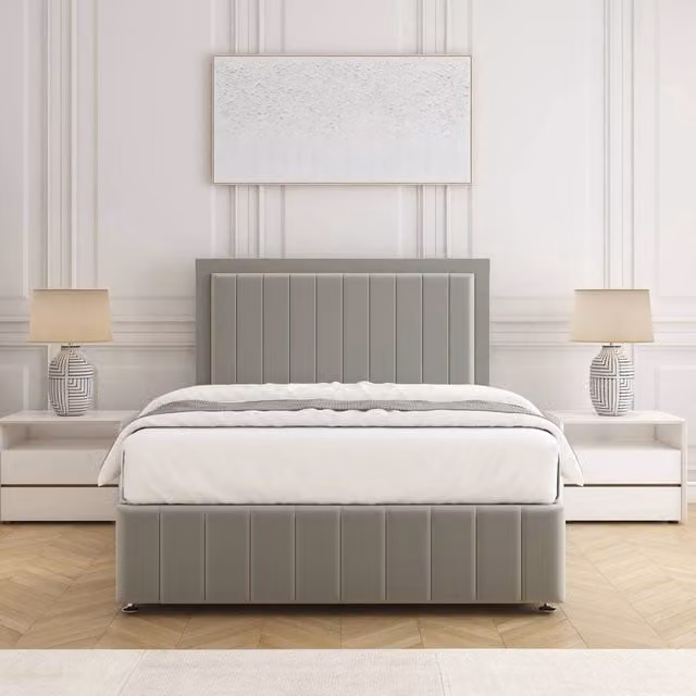 BSSPOKE Sophia Double Divan Bed Set with 54 inch Headboard and Mattress in Silver Plush Velvet, W/D/H: 140 x 200 cm