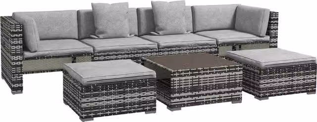 Outsunny 7-Piece Rattan Patio Furniture Set with Upholstered Cushions and Coffee Table in Grey