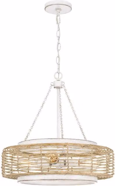 Quoizel Waylon Cylindrical Rattan Pendant Light in White and Wood with 4x E27 Sockets
