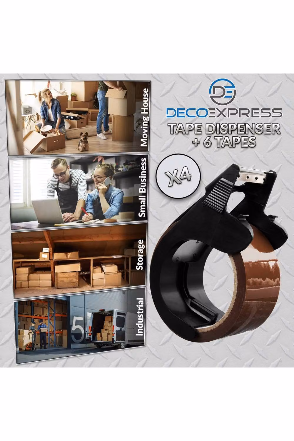 Deco Express Heavy Duty Packing Tape Dispenser with 6 Brown and Transparent Tape Rolls – 7