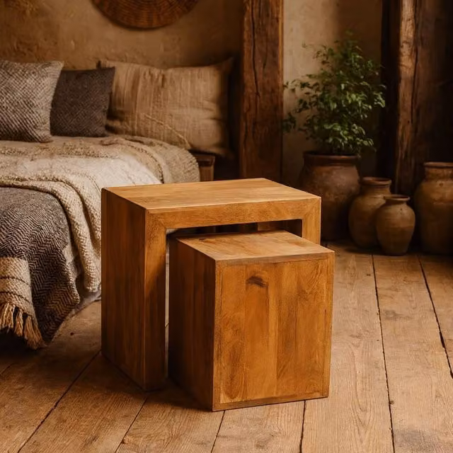 Wyld Haus Manila Set of 2 Mango Wood Cube Nesting Tables in Brown