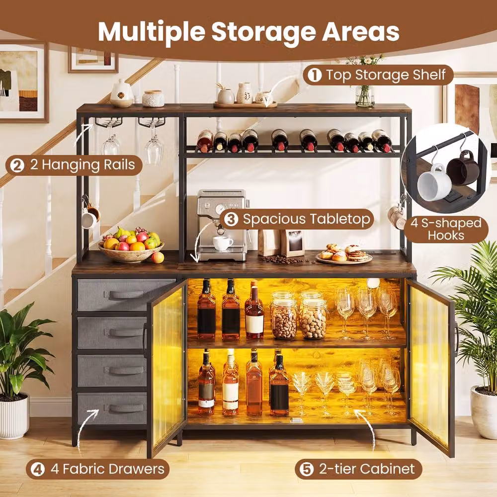 Costway Brown Modern Coffee Bar Cabinet with Charging Station, LED Light, Glass Doors and Bottle Rack – 7