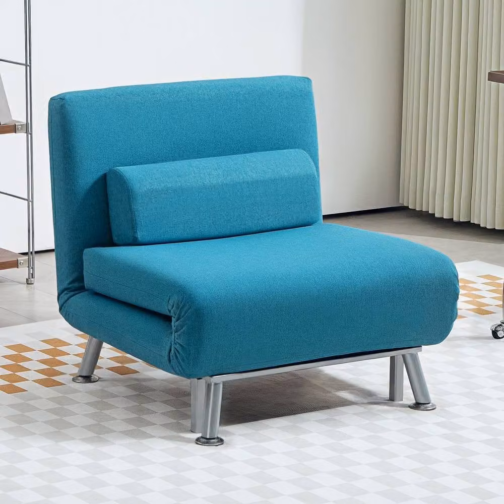 ERGOVEXA Single Linen-Feel Sleeper Chair in Blue with Metal Frame and Armrests – 4