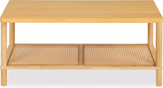 COSTWAY 2 Tier Rectangular Boho Coffee Table with Rubberwood and Rattan Frame, Brown