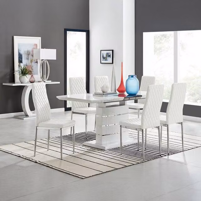 FurnitureboxUK Renato White High Gloss Extending Rectangular Kitchen Dining Table and 6 Milan Chairs Set