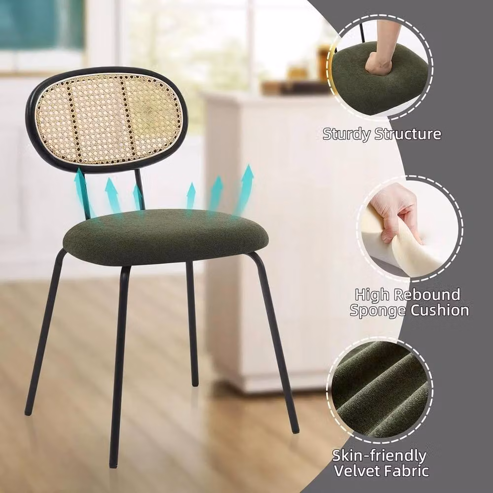 VOGREX Set of 2 Mid-Century Dining Chairs with Rattan and Green Fabric – 4