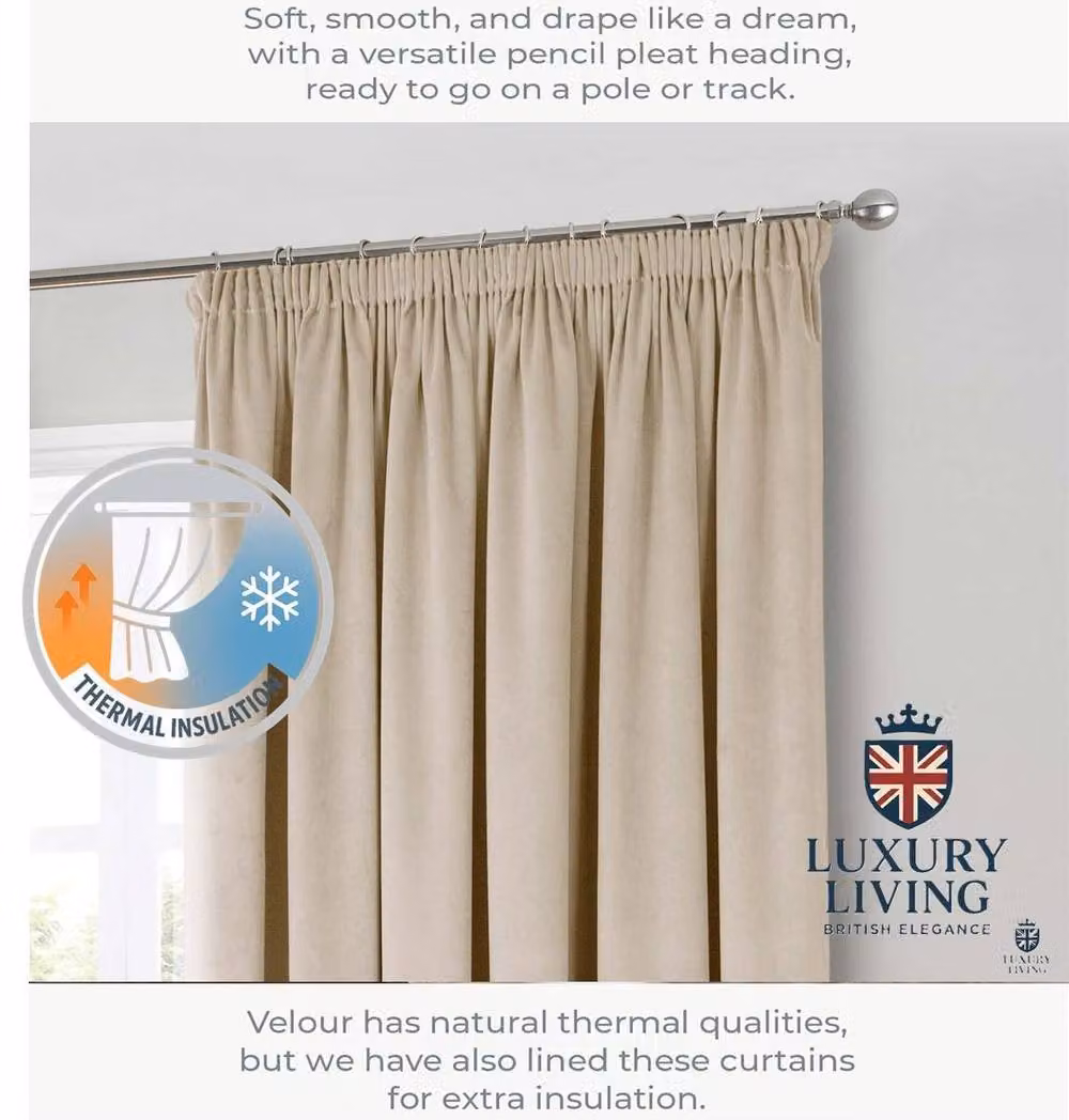 Luxor Living Montreal Velvet Pencil Pleat Taped Top Curtains in Beige, W: 229 cm, H: 229 cm – 2