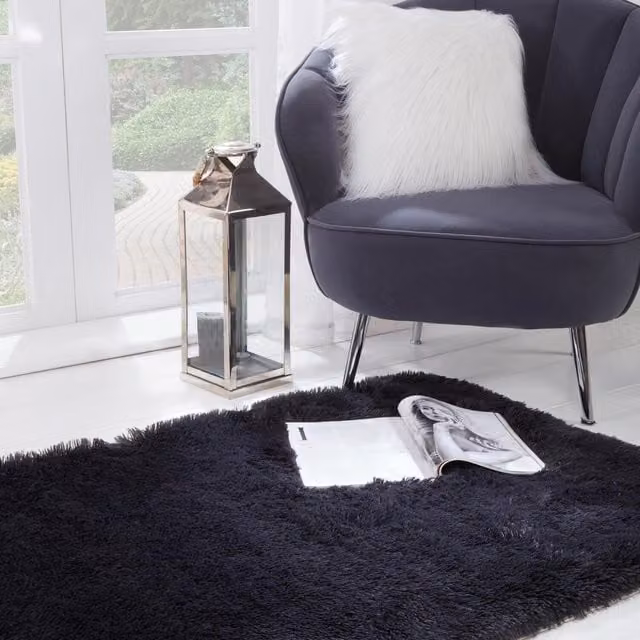 Sienna Modern Round Shaggy Fluffy Rug in Grey and Black, Diameter: 160 cm