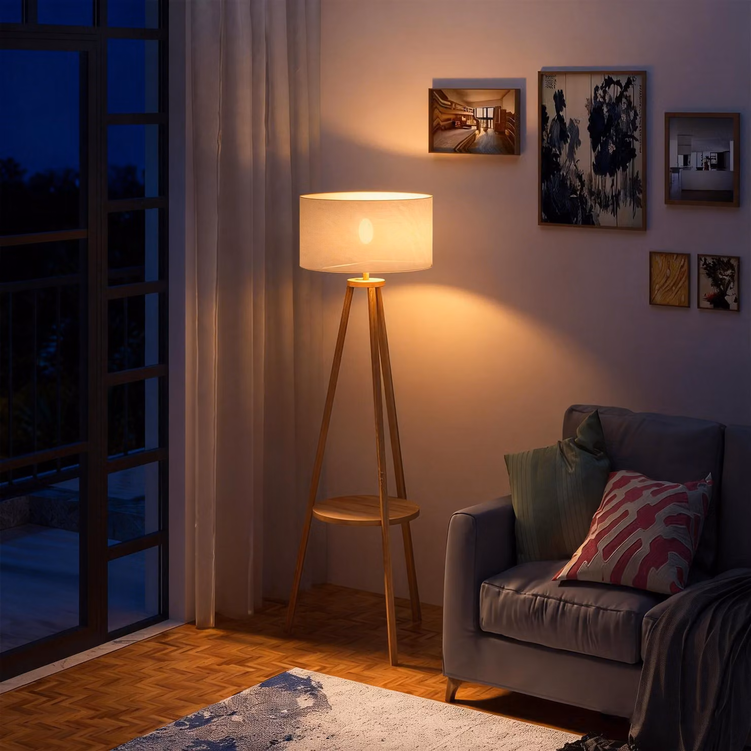 HOMCOM Freestanding Tripod Floor Lamp with Storage Shelf and Beige Linen Shade, Height: 154 cm – 2