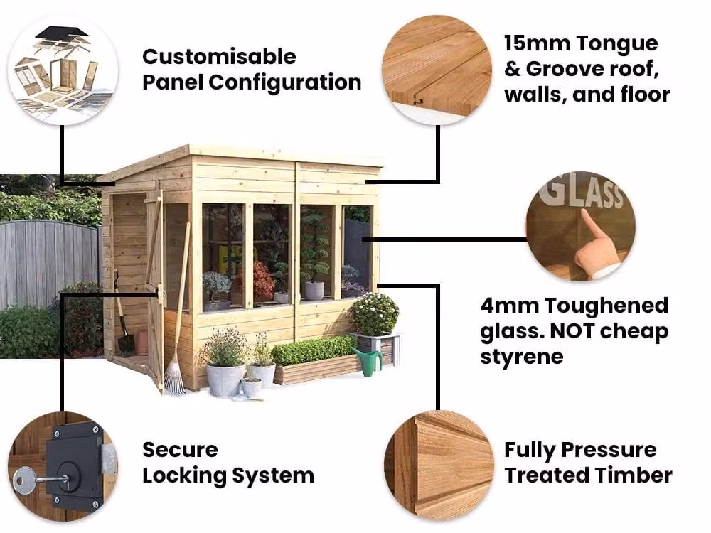 Dunster House Overlord Modular Wooden Potting Shed with Pent Roof in Brown, W: 2.4 m, D: 3.0 m, H: 2.09 m – 4