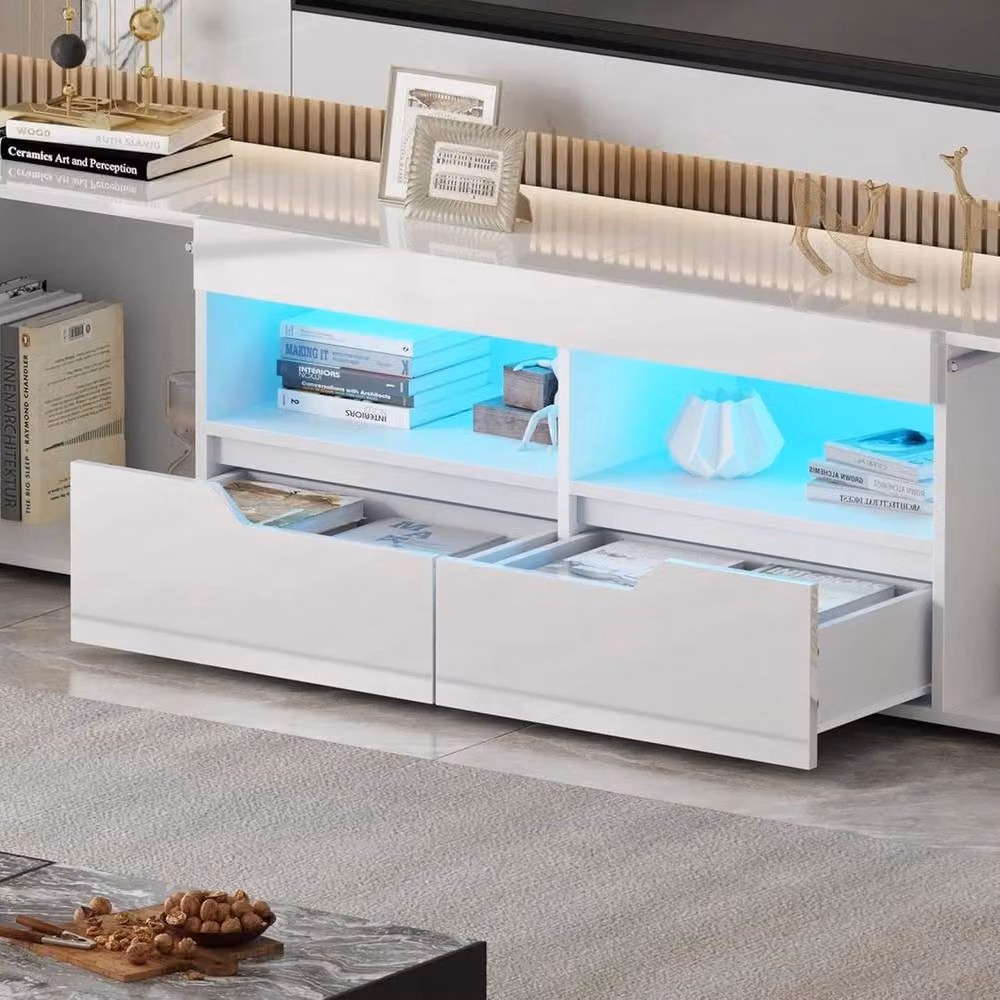 FORGEVIO Modern White High Gloss TV Unit Stand with Integrated LED Lights – 3