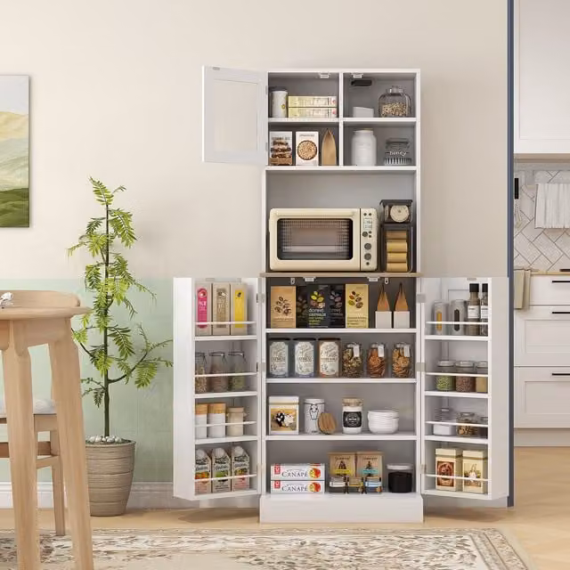 HOMCOM White Modern Tall Kitchen Cupboard with Adjustable Internal Shelves and Hinged Doors, Height: 169 cm