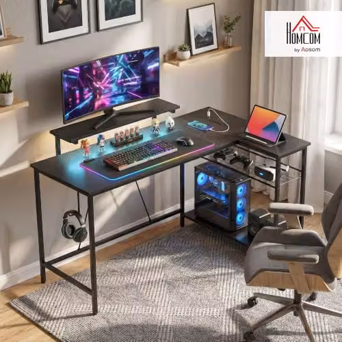 HOMCOM L-Shaped Gaming Desk with LED Lights and Power Outlet, Black – 2