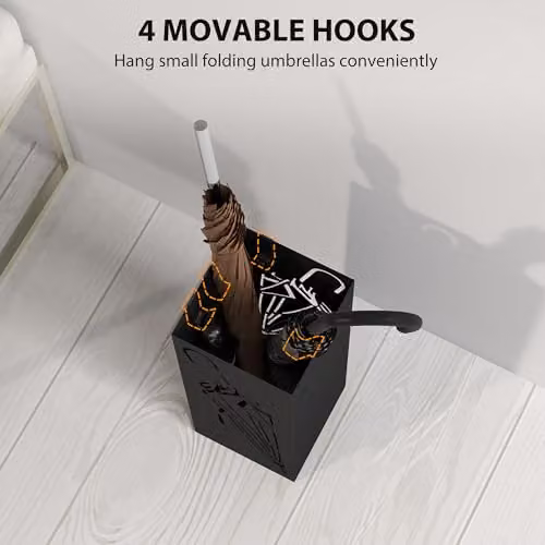 HOMCOM Metal Square Umbrella Stand with 4 Hooks and Removable Tray, Black, W/D/H: 15.5 x 15.5 x 41 cm – 4