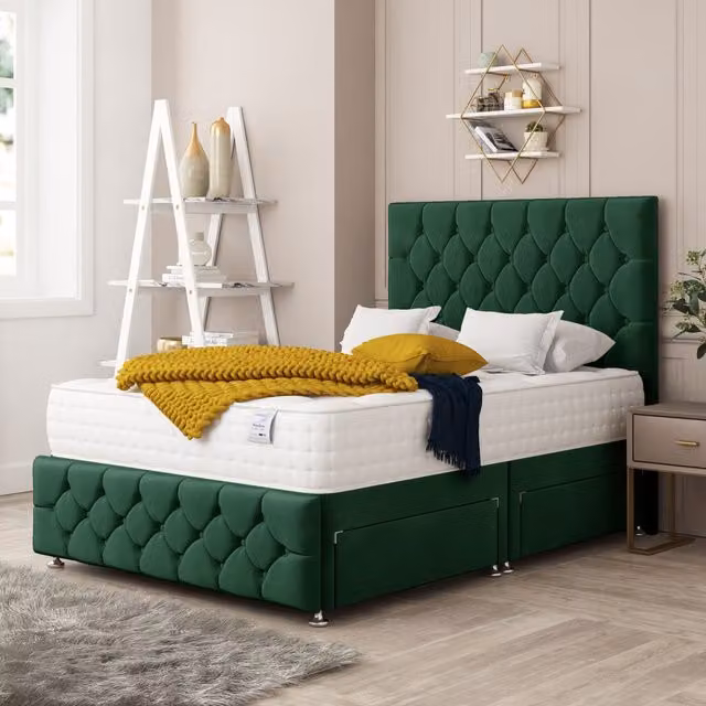 Bed Choices Regency Divan Bed with 4 Drawers, Mattress and 54 inch Floor Standing Headboard, Emerald Green Velvet, W/D/H: 120 x 200 cm