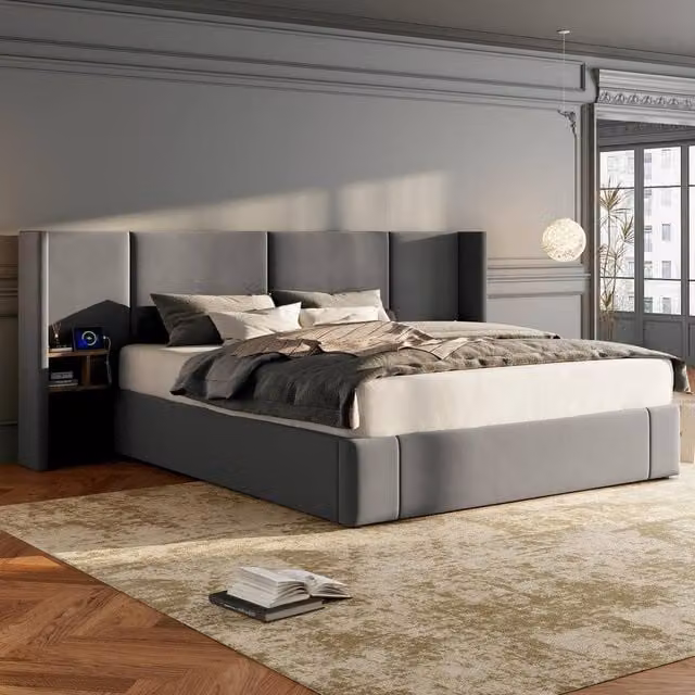 Merax Super King Grey Velvet Upholstered Ottoman Bed with USB Winged Headboard and Nightstands
